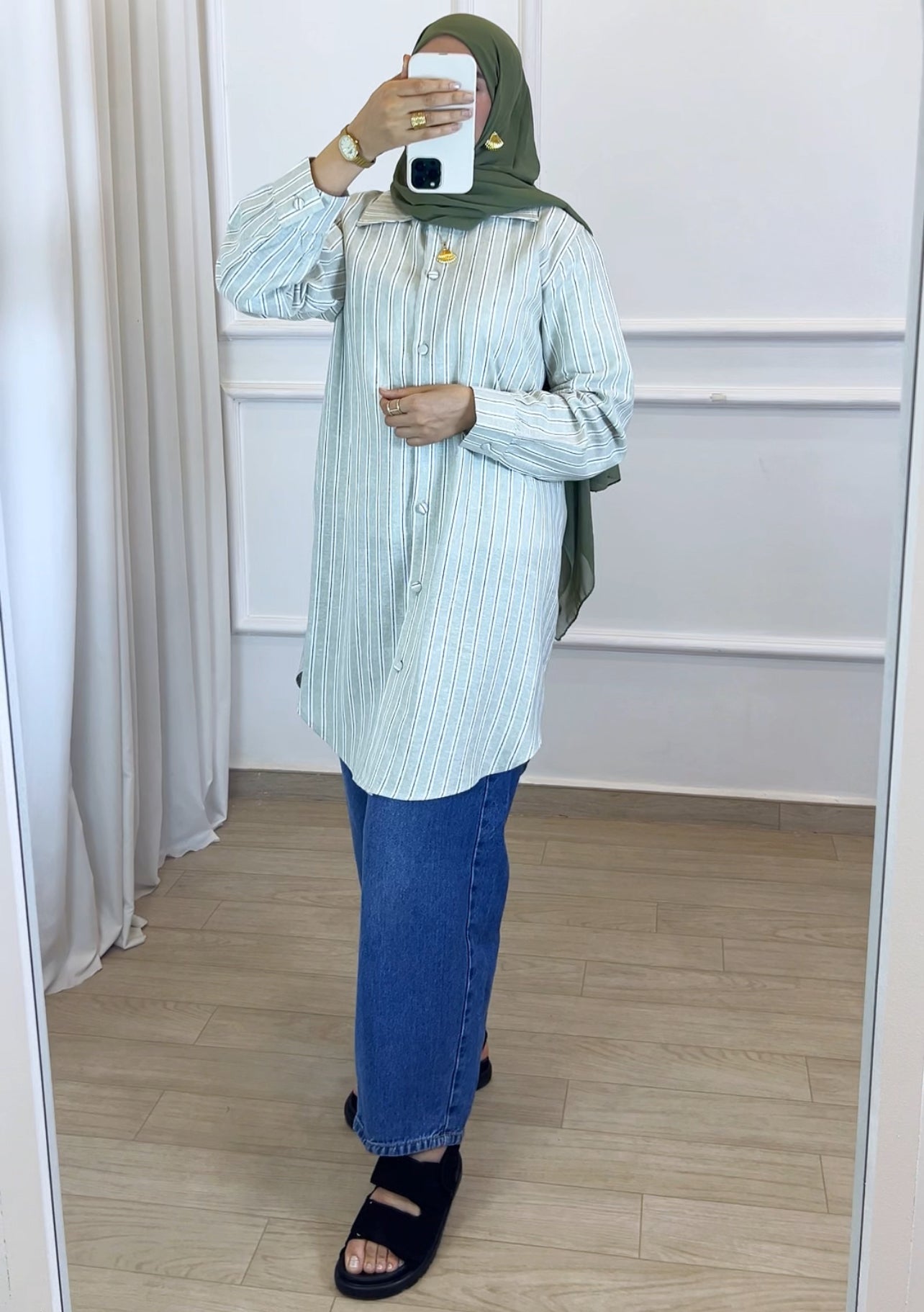Chemise le lin rayé matcha
