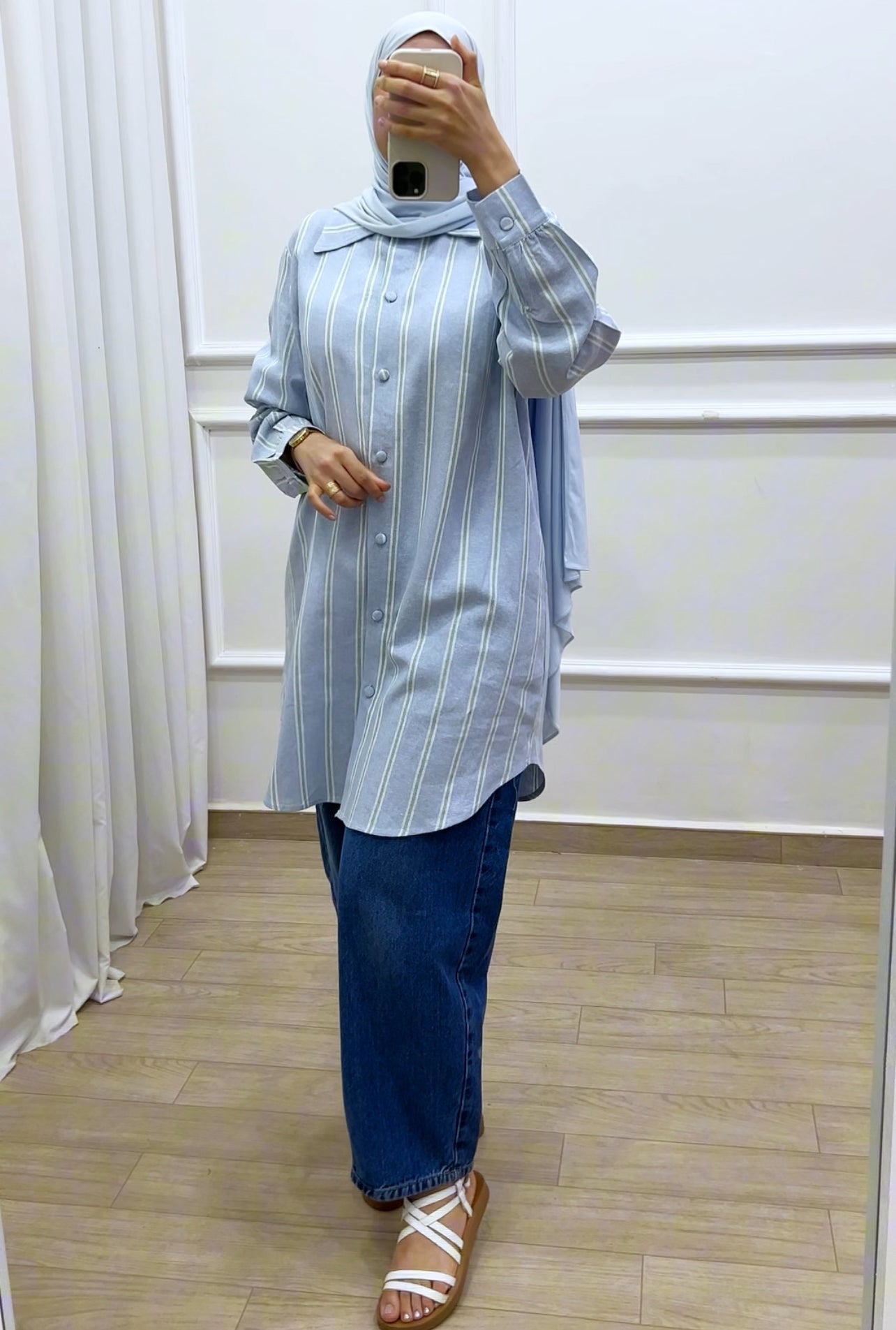 Chemise le lin rayé  bleu ciel
